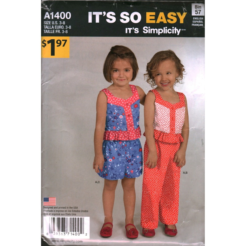 Simplicity It's So Easy A1400 Child Top Pants Shorts Sewing Pattern Size 3-8 cut
